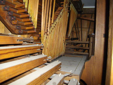 Mechanik hinter dem Spieltisch der Wagner Orgel von 1739 in Schönwalde Glien, Brandenburg, Deutschland